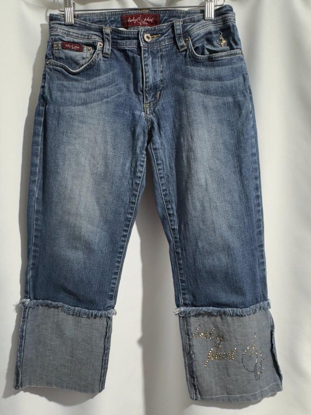 Baby Phat Y2K Gold Cat Logo Cuffed Blue Denim Capris Jeans Junior's Size 5
